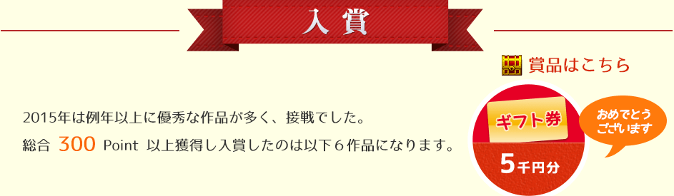 入賞：2015年は例年以上に優秀な作品が多く、接戦でした。300point 以上獲得して入賞となったのは以下６作品になります。賞品はギフト券5千円分