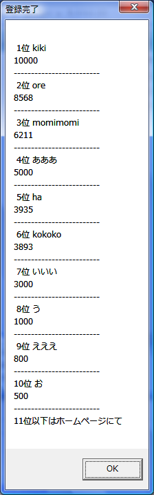 R-trisのゲーム画面「ランキング登録後画面」