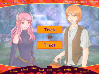 くり抜きカボチャの孤独のゲーム画面「Trick(いたずら・驚かし)or Treat(もてなし)」