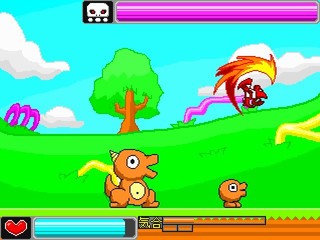 1st ボス コンプレックス -GAMEHERO CROSSOVER-のゲーム画面「オレンジのドラゴンもどきが倒すべきボスです」