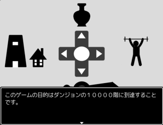 ザコのたましいのゲーム画面「ゲームの目的は10000階のダンジョンを攻略することです。」