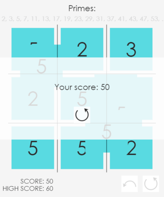 Primesのゲーム画面「タイルが分裂してあふれるとゲームオーバーです。」