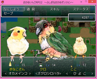 おかめいんこＲＰＧ２　～ふしぎなおかめダンジョン～のゲーム画面「この３羽で協力して不思議なダンジョンを攻略しよう♪」