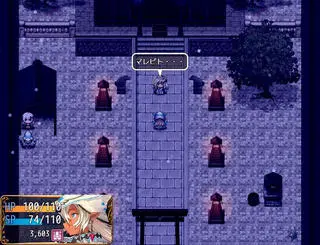 ニナの神隠し -another day-のゲーム画面「Perk(スキル)や二つ名を付けてもらうことができる神社。この日は雪が降っている。」