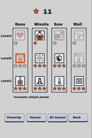 TowerDefenceV2のゲーム画面「パワーアップ画面」