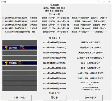 クリア時にスコアが計算され、「戦歴」に記録されます。特定条件を満たしてクリアした時はトロフィーも獲得できます。