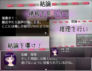 渦巻ク思惑は黒蛇が如く・・・。のゲーム画面「探索、情報発見、推理開始！　結論はこうよ！」