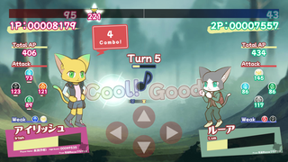 MeowブラザーズRhythm Rumbleのゲーム画面「対戦中の画面です。BGMのリズムに合わせてボタンを押しましょう。」