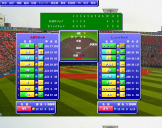 Virtual League Baseballのゲーム画面「試合結果は全打席フル観戦・スコアボード・一括表示から選べます」