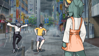 工高少女（体験版）のゲーム画面「親友たちと雨に濡れるとき。」