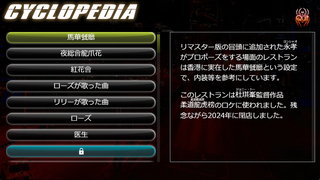 紅蜘蛛/Red Spider リマスター版のゲーム画面「CYCLOPEDIA」