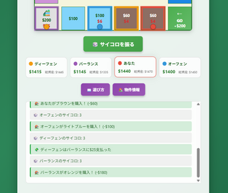 MINIPOLY(ミニポリー)のゲーム画面「お金の状況と各プレーヤーの行動履歴です」