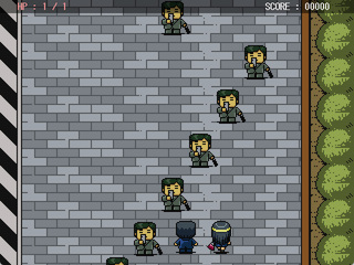 ADV時空伝説秋葉原編のゲーム画面「中央通りを移動するときだけ縦スクロール面に。ジャマな歩きスマホをよけて進みましょう。」