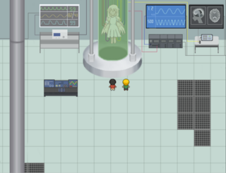 セカイテキココロミ 前編のゲーム画面「液体に浮かぶ少女に相対する主人公たち」