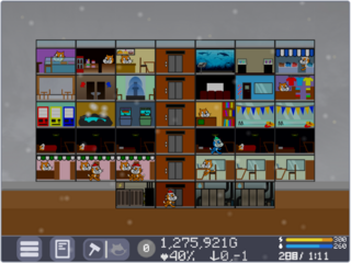 ビル経営ゲームのゲーム画面「経営が進んで大きなビルになった様子」