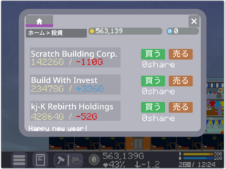 ビル経営ゲームのゲーム画面「投資画面」