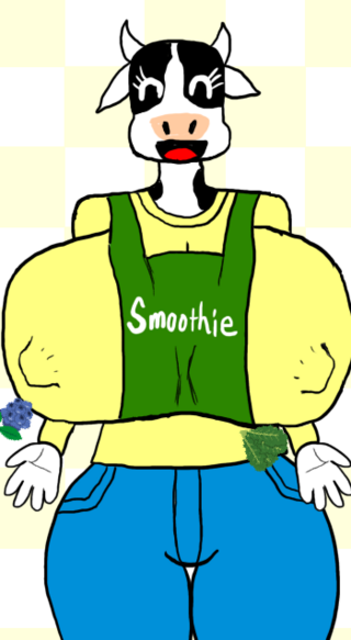 Smoothie Gameのゲーム画面「ウシのお姉さんがスムージーを作ってくれます!」