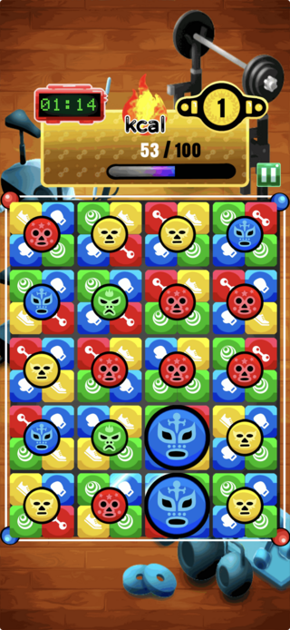 レッスルパズルのゲーム画面「丸いフクメンのボタンを押すと、周りの四つのブロックが回転」