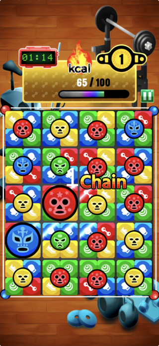 レッスルパズルのゲーム画面「丸ボタンから繋がるブロックが縦か横に３追叙繋がると消えます」