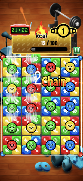 レッスルパズルのゲーム画面「連鎖中　爽快連鎖が魅力です」