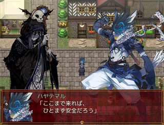 根暗男子と犬と村のゲーム画面「村に着いたが……。」