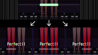 CoLane(Test ver.)のゲーム画面「複数のキーに対して降ってきたノーツはどのキーでも取れる」