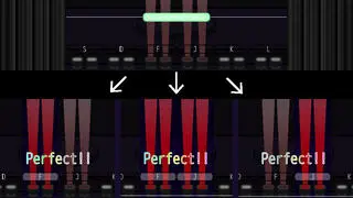 CoLane(Test ver.)のゲーム画面「複数のキーに対して降ってきたノーツはどのキーでも取れる」