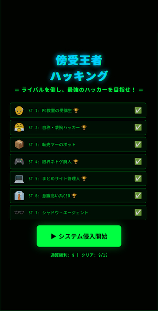 傍受王者ハッキングのゲーム画面「無傷クリアのトロフィー獲得や、0.01秒を競うタイムアタックに挑めます。」