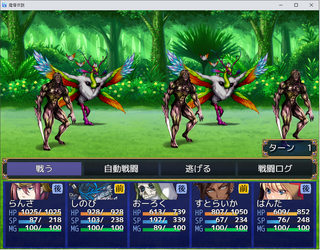 魔塔伝説のゲーム画面「戦闘は敵味方共に前後衛の概念あり」