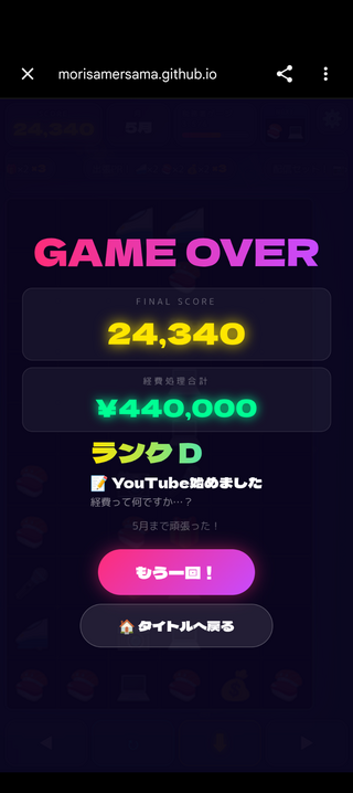 経費で落とせ！のゲーム画面「ゲームオーバー(クリア含む)」