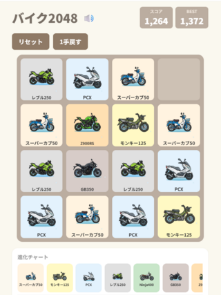 バイク2048パズルのゲーム画面「ゲームプレイ画面」