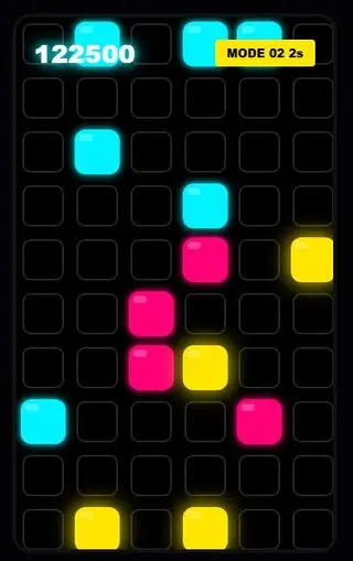 ネオンフォールのゲーム画面「ブロックは下にしか落ちませんが色ブロックは横にもつながります。」