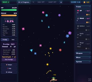 idle space shooterのゲーム画面「自機操作要らずで自動戦闘を眺めよう」