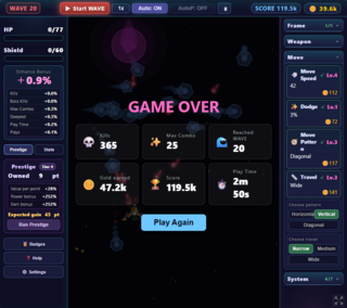 idle space shooterのゲーム画面「ゲームオーバーしてもアップグレードは維持」