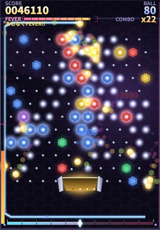 FEVER SHOT HD版のゲーム画面「釘を渡る玉で弾薬を砕く」