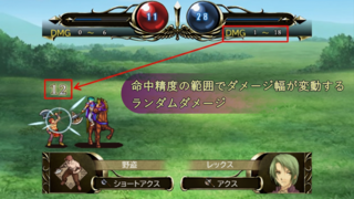 Roads to the Crown 外伝のゲーム画面「ダメージはランダムに決まる」
