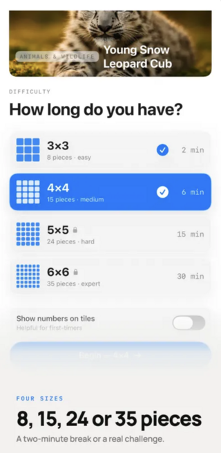 スライドパズル:15タイルゲームのゲーム画面「難易度選択画面。3x3(8枚)から6x6(35枚)まで4段階、タイルの数字表示も切り替え可能」
