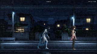 Last Blue Trace: Silent City 体験版のゲーム画面「青い幽霊から逃げる追跡場面」