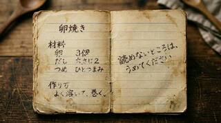 宮本家のレシピ ―読めないところは、うめてください―のゲーム画面「祖母が遺したレシピ帳。読めない行がある」