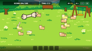 しばボーン！（SHIBA BONE!）のゲーム画面「制限時間内に目標スコアを超えるとラウンドクリア。操作は投げるだけのシンプルなルールです。」