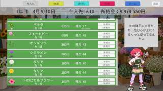 花物語のゲーム画面「毎朝変わる仕入れ内容」