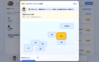 春高バレーの優勝監督になろう!のゲーム画面「地域とポジションを選んでスカウトへ。地域ごとに伸びやすい能力が違います。」