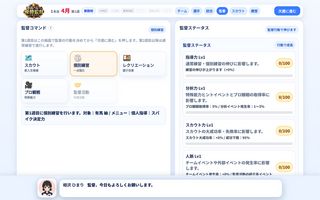 春高バレーの優勝監督になろう!のゲーム画面「監督自身も指導力・分析力・スカウト力・人脈・モチベ管理の5指標で成長します。」
