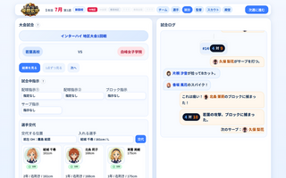 春高バレーの優勝監督になろう!のゲーム画面「1点ずつ試合を追いながら、配球やブロックの指示、選手交代を出せます。」