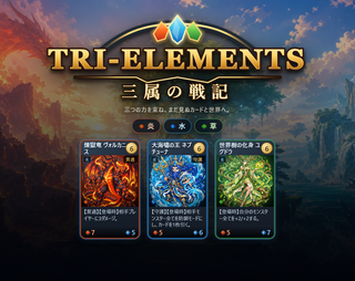 TRI-ELEMENTS 三属の戦記のゲーム画面「炎・水・草、三つの力で戦うカードバトル」