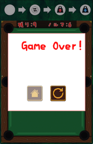 MasSwapBilliardのゲーム画面「ゲームオーバー画面」