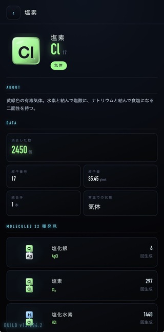 Elementrixのゲーム画面「元素図鑑」