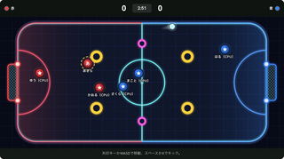 ミニサッカー - PlayBoardGamesのゲーム画面「ネオンアリーナは壁とバンパーで跳ね返る」