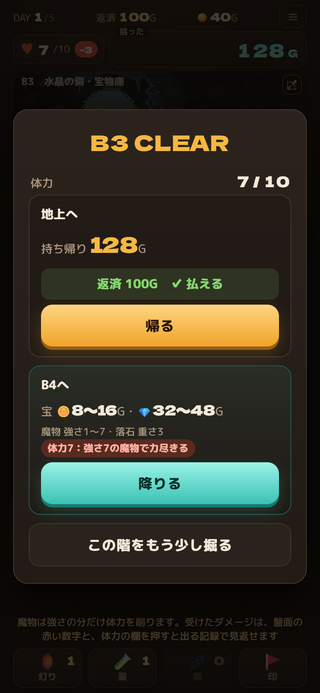 ヨクボリのゲーム画面「階段に着いたら、帰るか降りるかを選ぶ」