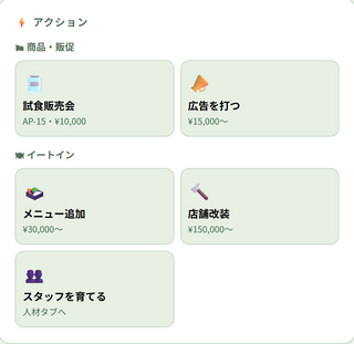 舞昆アパート茶屋のゲーム画面「店舗アクション メニュー追加や改装で店を育てる」